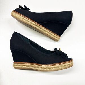 Tory Burch Black Canvas Wedge Espadrilles with Jute Sole